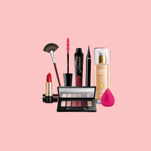 A collection of makeup items on a pink background, including lipstick, eyeshadow palette, liquid foundation, eyeliner, mascara, fan brush, lip gloss, and a pink makeup sponge.