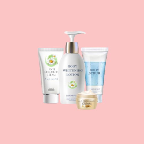 Four skincare products, including cream tubes, a lotion pump bottle, and a small cream jar, are arranged on a pastel pink background.