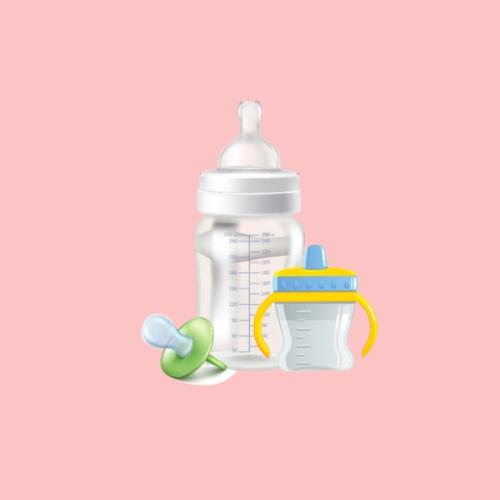 A baby bottle, a pacifier, and a sippy cup with yellow handles are displayed on a pink background.